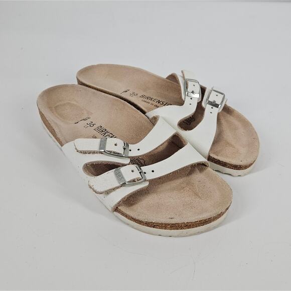 Birkenstock Shoes - Birkenstock White Leather Double Strap Buckle Sandals 5